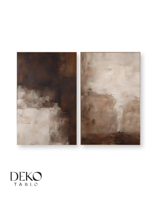 'Katman' Kahve ve Bej Detaylı Soyut İkili Set Yağlı Boya Tablo