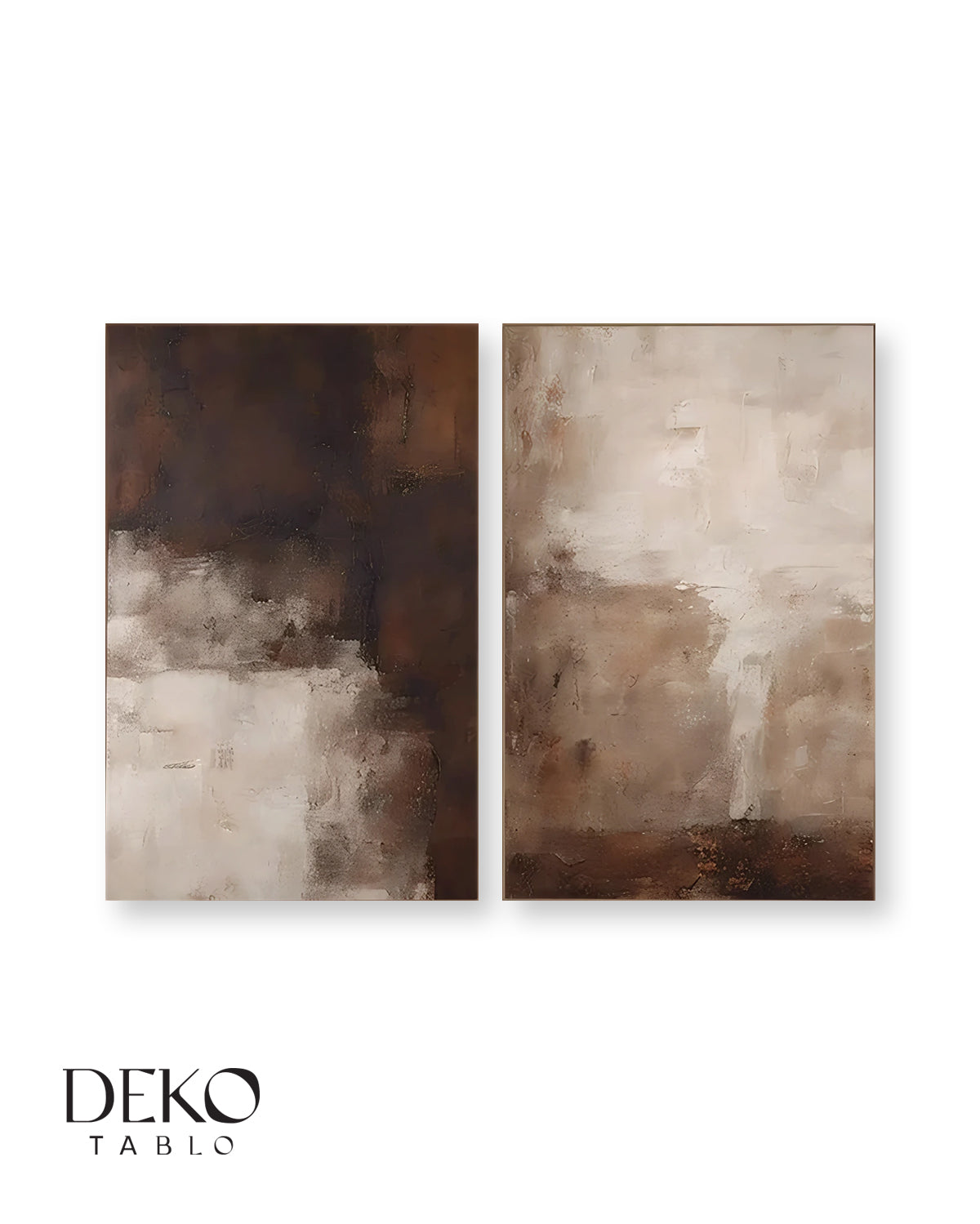 'Katman' Kahve ve Bej Detaylı Soyut İkili Set Yağlı Boya Tablo