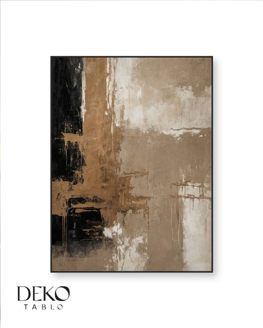"Düzlem" Kahve Bej ve Siyah Detaylı Soyut Yağlı Boya Tablo
