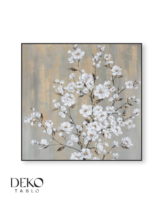 Beyaz Çiçekler Detaylı Yağlı Boya Tablo