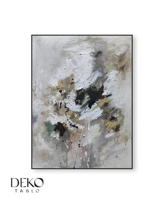 "Issız" Beyaz Gri Altın Siyah Detaylı Yağlı Boya Tablo