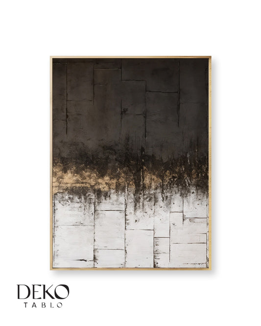 "Geçiş" Siyah Beyaz Gold Detaylı Soyut Yağlı Boya Tablo