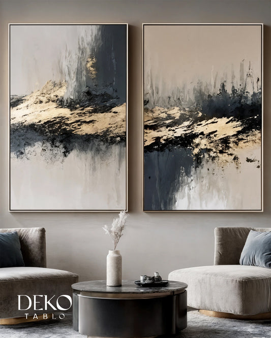 "Kesişim" Bej Lacivert ve Gold Soyut İkili Set Yağlı Boya Tablo