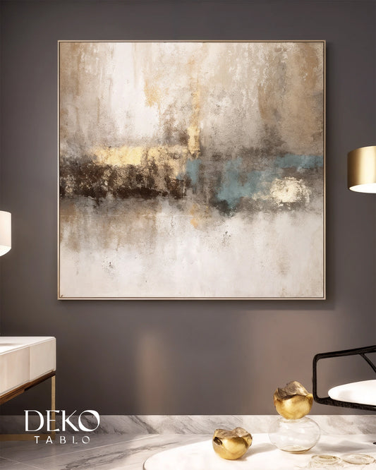 "İz" Bej Kahve Turkuaz ve Gold Detaylı Soyut Yağlı Boya Tablo