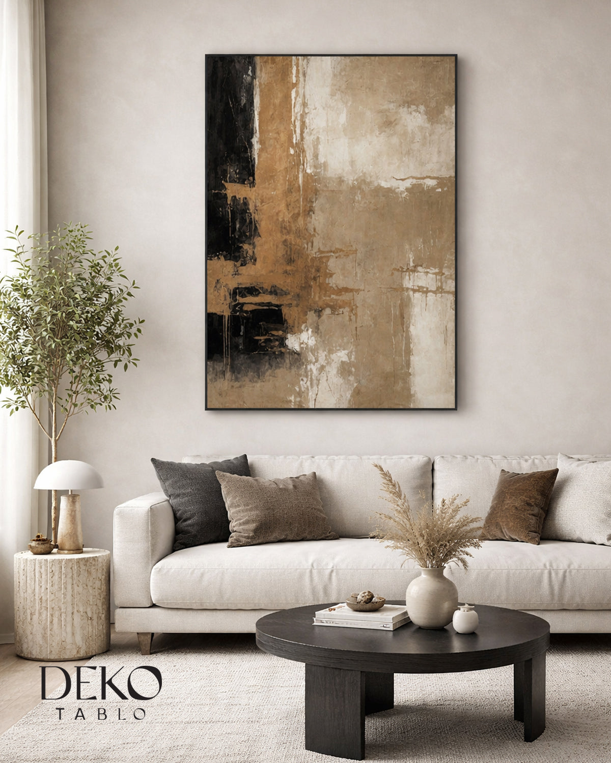 "Düzlem" Kahve Bej ve Siyah Detaylı Soyut Yağlı Boya Tablo