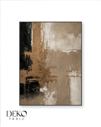 "Düzlem" Kahve Bej ve Siyah Detaylı Soyut Yağlı Boya Tablo