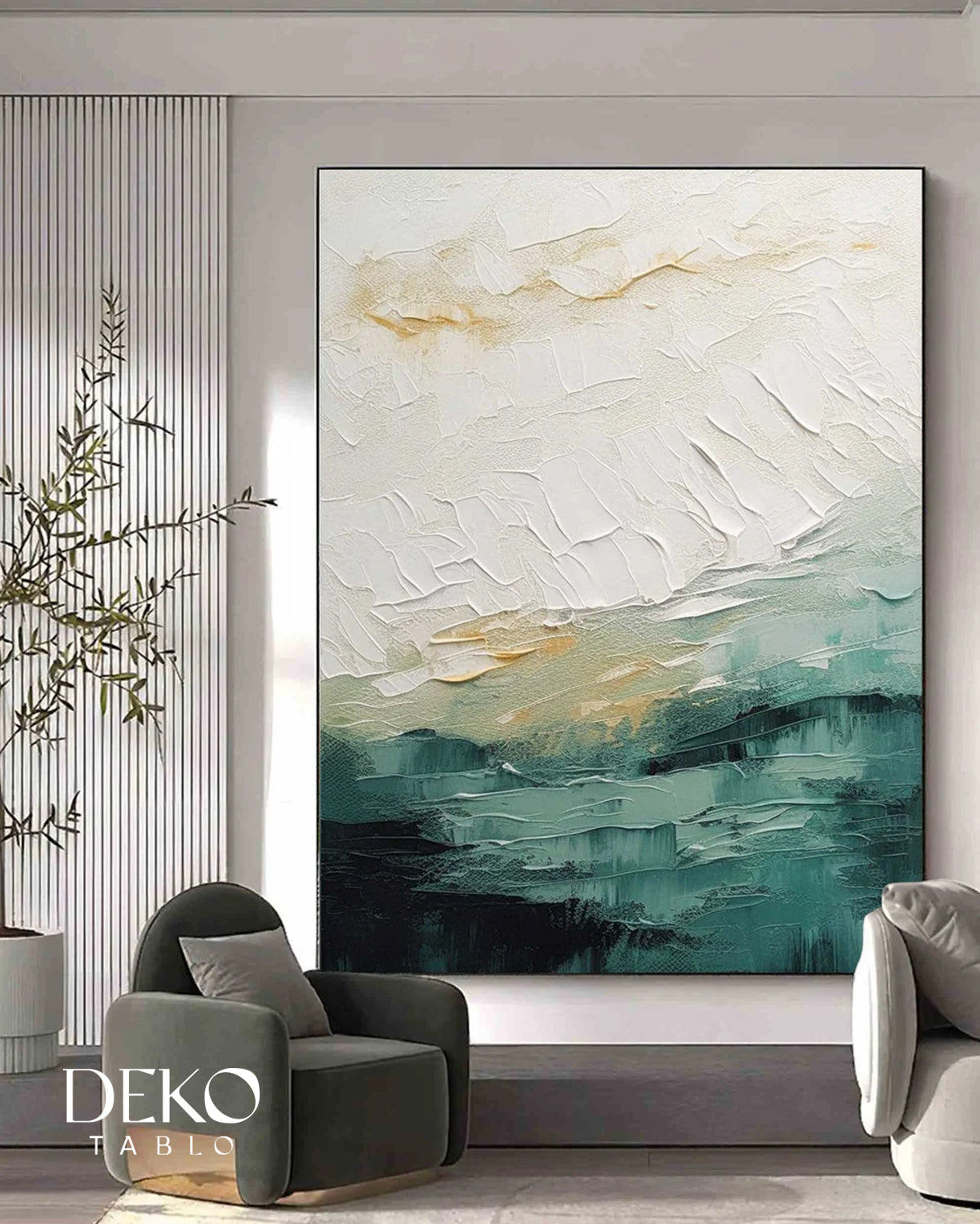 "Duru" Yeşil Beyaz ve Sarı Detaylı Soyut Yağlı Boya Tablo