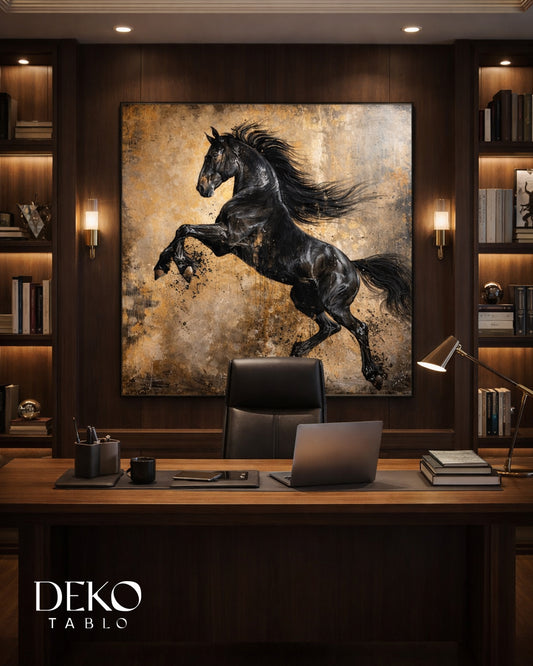 "Yankı" Şahlanan Siyah At Figürlü Yağlı Boya Tablo
