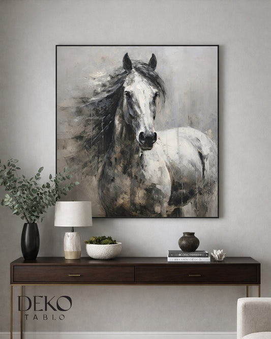 "Fırtına" Beyaz At Figürü Yağlı Boya Tablo