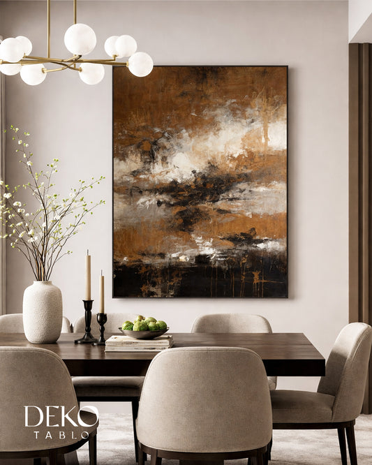 "Birikim" Kahve Bej ve Siyah Detaylı Soyut Yağlı Boya Tablo