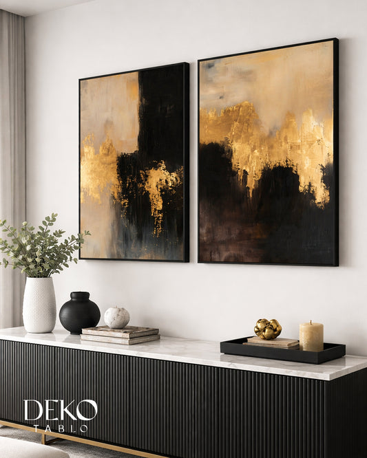 "Magma" Siyah Bej Altın İkili Set Yağlı Boya Tablo