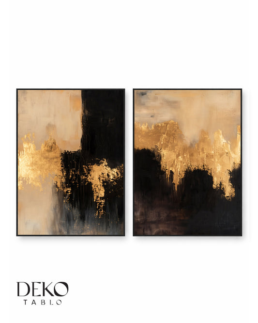 "Magma" Siyah Bej Altın İkili Set Yağlı Boya Tablo