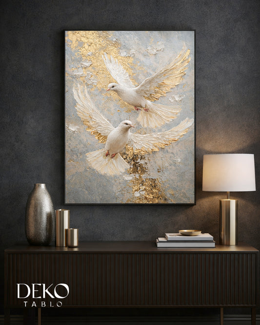 "Beyaz Güvercin" Altın Detaylı Yağlı Boya Tablo