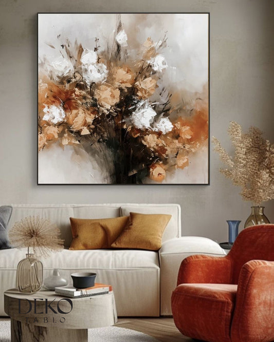 Soyut Çiçek Buketi Detaylı Yağlı Boya Tablo
