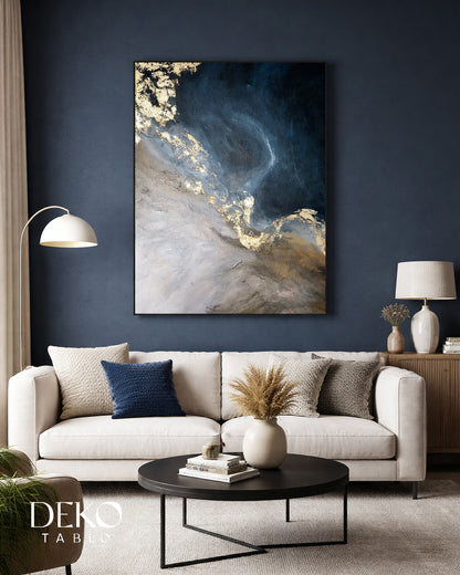 "Derin" Lacivert Bej Altın Tonlarında Detaylı Yağlı Boya Tablo