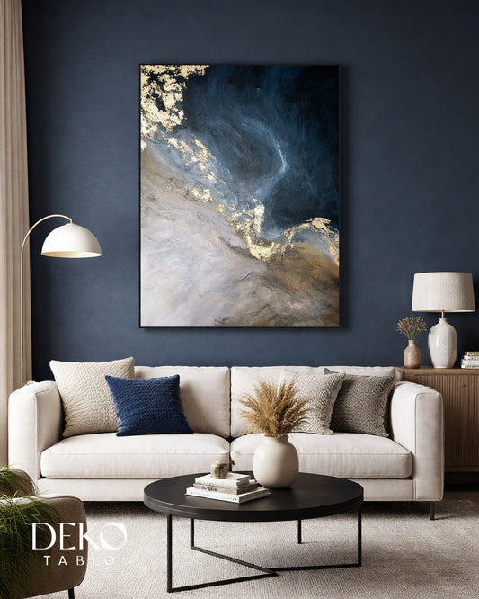 "Derin" Lacivert Bej Altın Tonlarında Detaylı Yağlı Boya Tablo