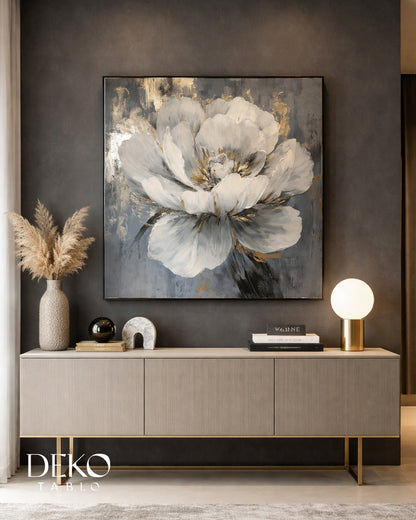 "Gece" Antrasit Beyaz Altın Tonlarında Detaylı Yağlı Boya Tablo