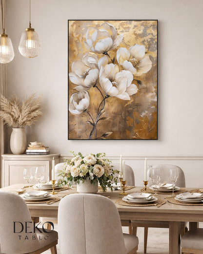 "Zarafet" Altın Bej Beyaz Tonlarında Detaylı Yağlı Boya Tablo