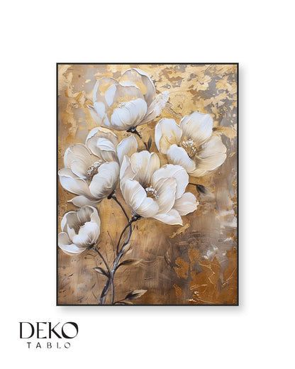 "Zarafet" Altın Bej Beyaz Tonlarında Detaylı Yağlı Boya Tablo