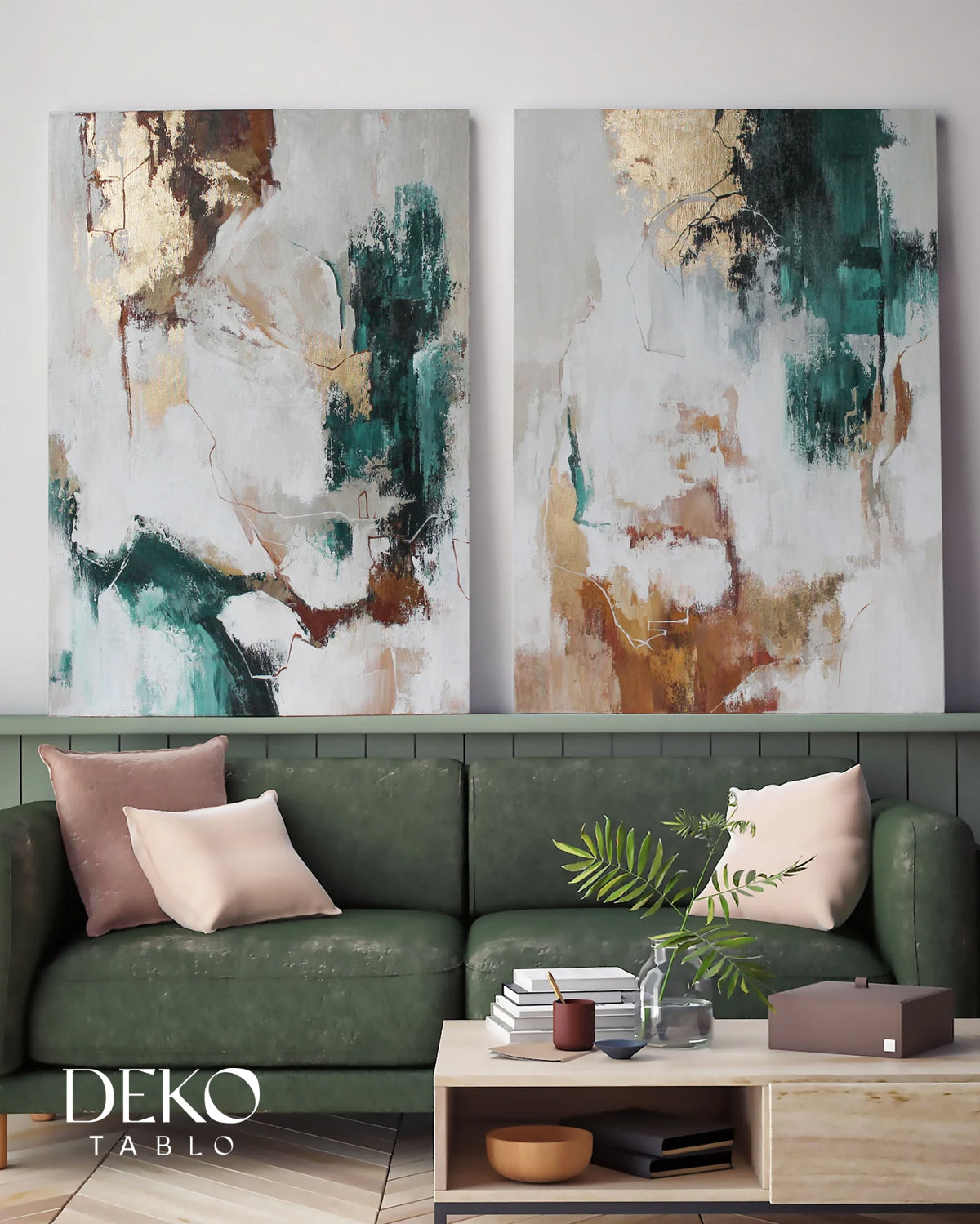 "Doğa" Yeşil Bej Altın İkili Set Yağlı Boya Tablo
