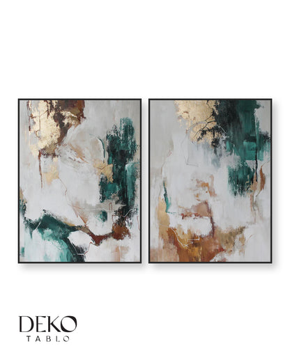 "Doğa" Yeşil Bej Altın İkili Set Yağlı Boya Tablo