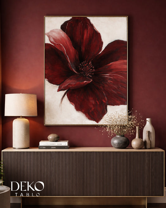 "Tutku" Kırmızı Bordo Beyaz Tonlarında Detaylı Yağlı Boya Tablo