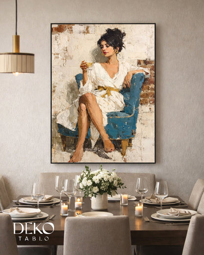 Beyaz Elbiseli Kadın Detaylı Yağlı Boya Tablo