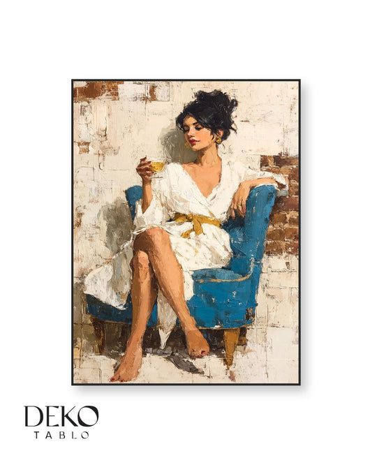 Beyaz Elbiseli Kadın Detaylı Yağlı Boya Tablo