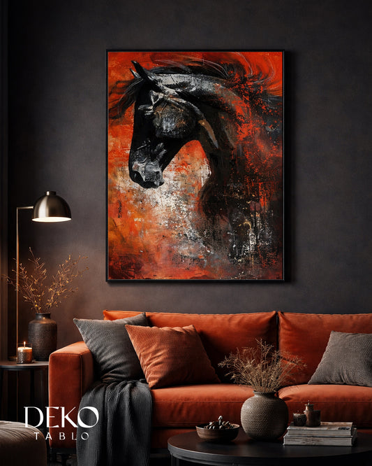 Siyah At Kiremit Siyah Tonlu Detaylı Yağlı Boya Tablo