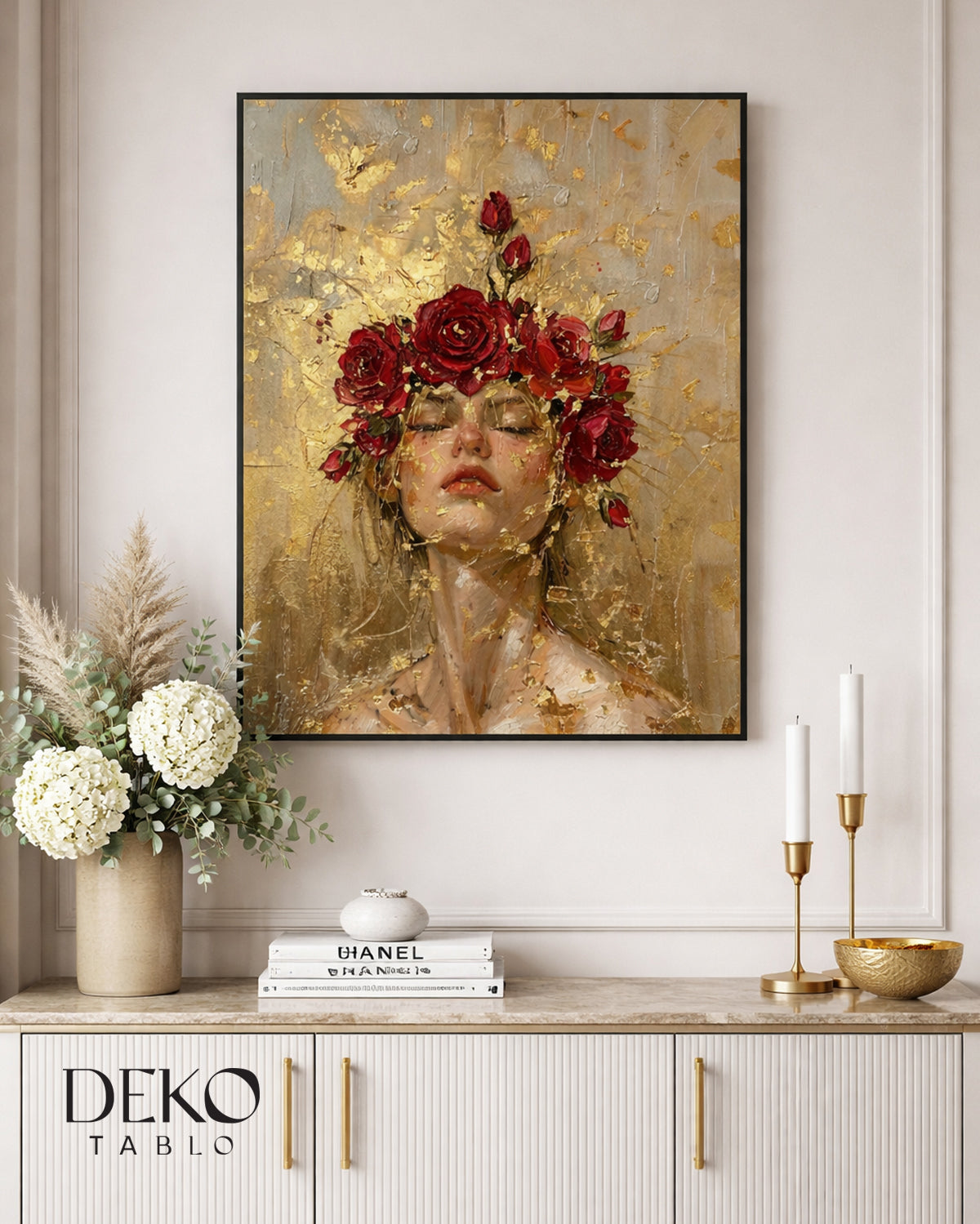 "Gül Taçlı Kadın" Altın Bordo Detaylı Yağlı Boya Tablo
