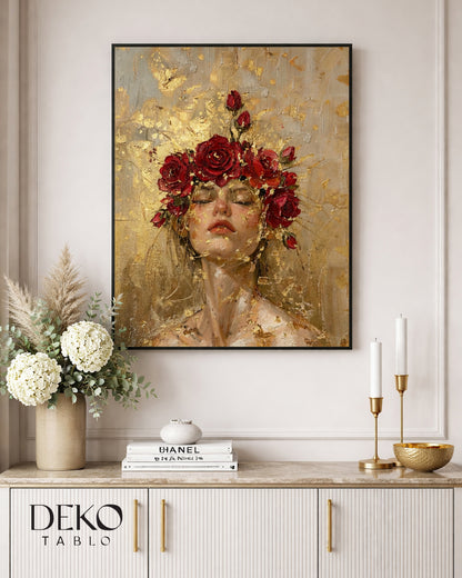 "Gül Taçlı Kadın" Altın Bordo Detaylı Yağlı Boya Tablo