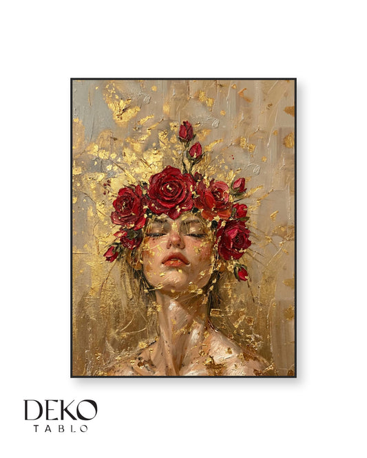 "Gül Taçlı Kadın" Altın Bordo Detaylı Yağlı Boya Tablo