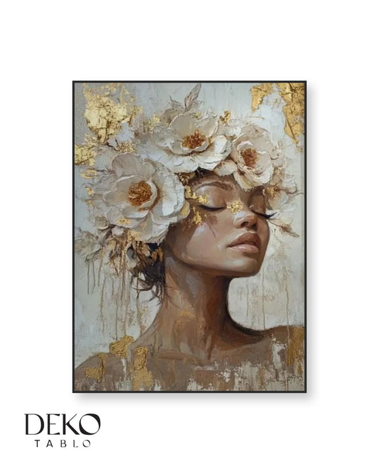 "Beyaz Güller" Altın Beyaz Detaylı Yağlı Boya Tablo