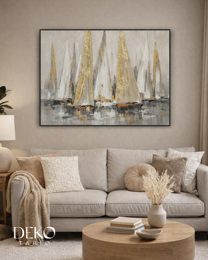 Yelkenli Altın Beyaz Detaylı Yağlı Boya Tablo