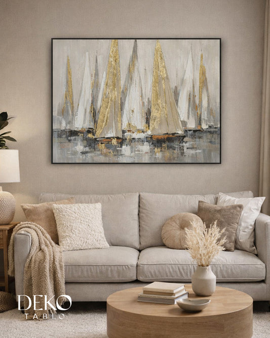 Yelkenli Altın Beyaz Detaylı Yağlı Boya Tablo