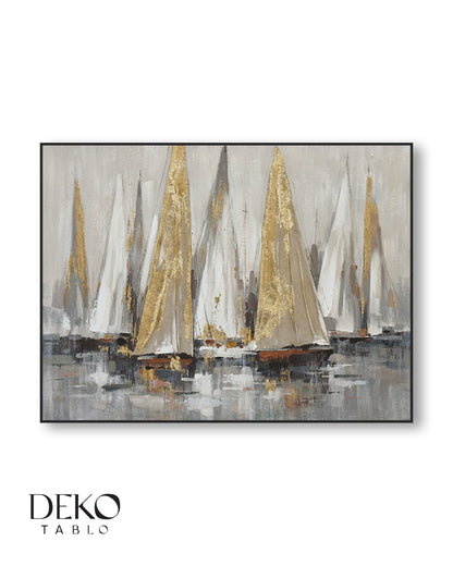 Yelkenli Altın Beyaz Detaylı Yağlı Boya Tablo