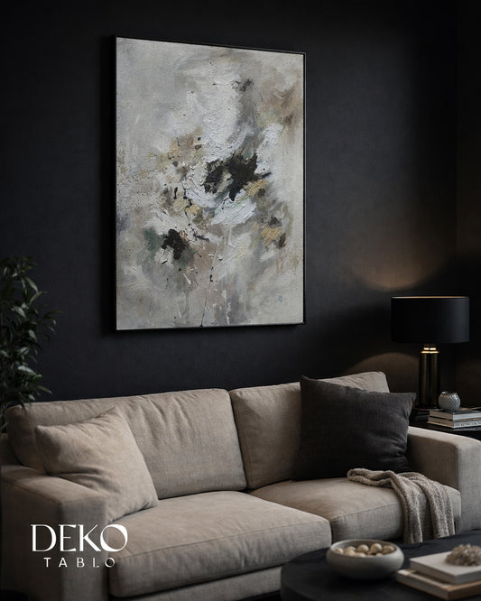 "Issız" Beyaz Gri Altın Siyah Detaylı Yağlı Boya Tablo