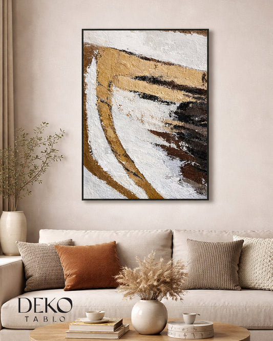 "Perspektif" Beyaz Gri Altın Siyah Detaylı Yağlı Boya Tablo