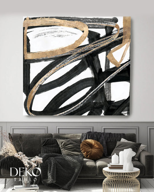 "Derinlik" Siyah Beyaz Altın Detaylı Yağlı Boya Tablo