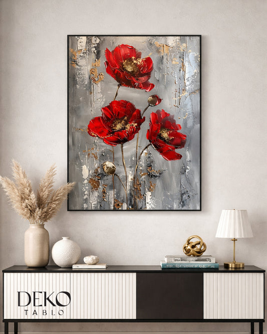 "Kırmızı Çiçekler" Kırmızı Altın Beyaz Gri Detaylı Yağlı Boya Tablo