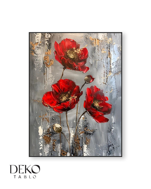 "Kırmızı Çiçekler" Kırmızı Altın Beyaz Gri Detaylı Yağlı Boya Tablo