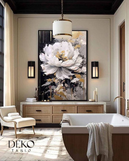 "Geceye Açan İnci" Altın Siyah Beyaz Gri Detaylı Yağlı Boya Tablo