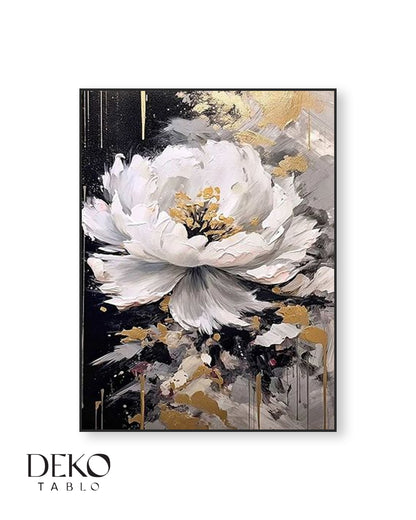 "Geceye Açan İnci" Altın Siyah Beyaz Gri Detaylı Yağlı Boya Tablo