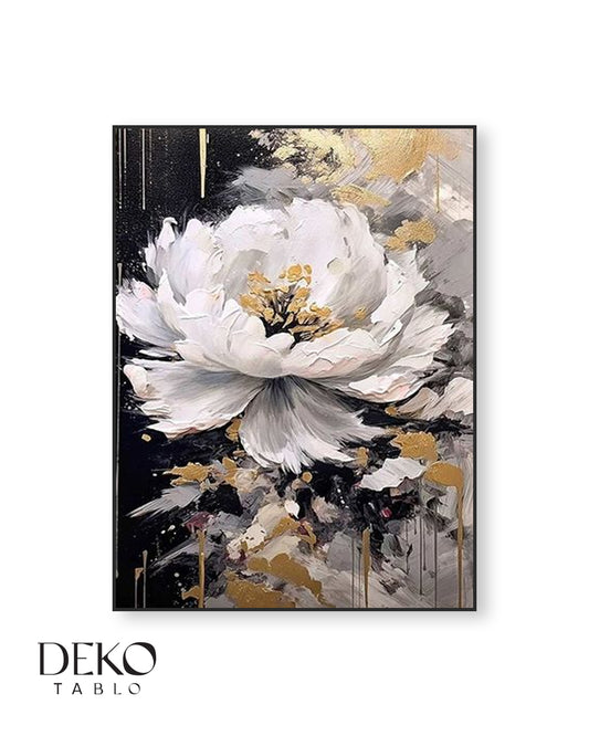 "Geceye Açan İnci" Altın Siyah Beyaz Gri Detaylı Yağlı Boya Tablo