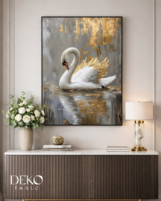 "Kuğu" Gri Altın Siyah Beyaz Detaylı Yağlı Boya Tablo