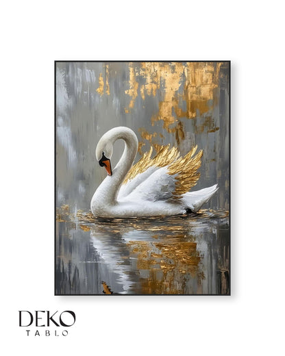 "Kuğu" Gri Altın Siyah Beyaz Detaylı Yağlı Boya Tablo