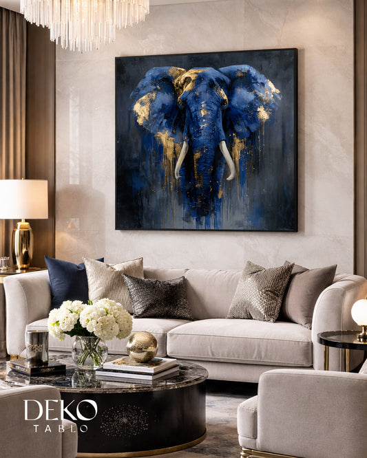 "Mavi Fil" Mavi Altın Detaylı Yağlı Boya Tablo