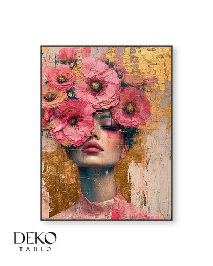 "Pembeli Çiçekli Kadın" Pembe Altın Detaylı Yağlı Boya Tablo